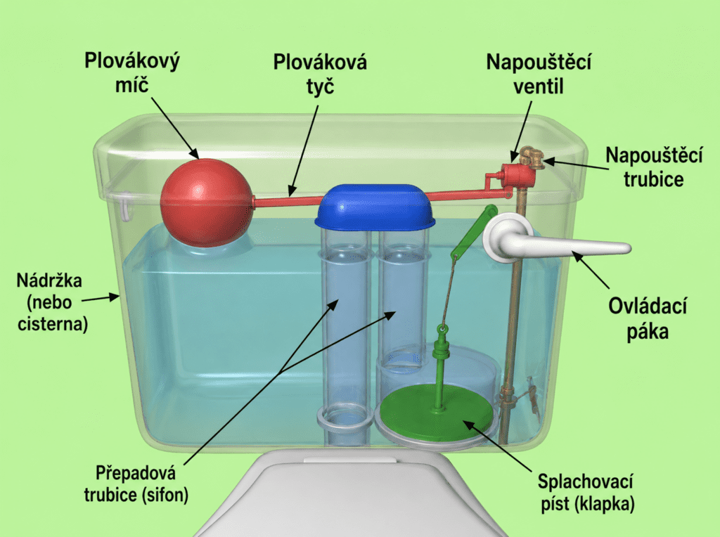 Schéma splachovací nádržky ukazuje základní části, které mohou ovlivnit protékání vody.