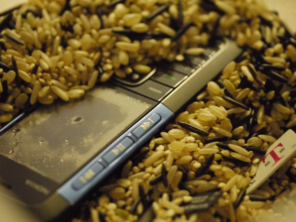 Mobilní telefon vložený do nádoby se syrovou rýží.