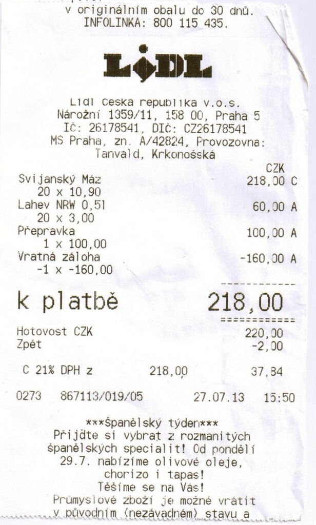 Papírová účtenka z české prodejny jako doklad o koupi