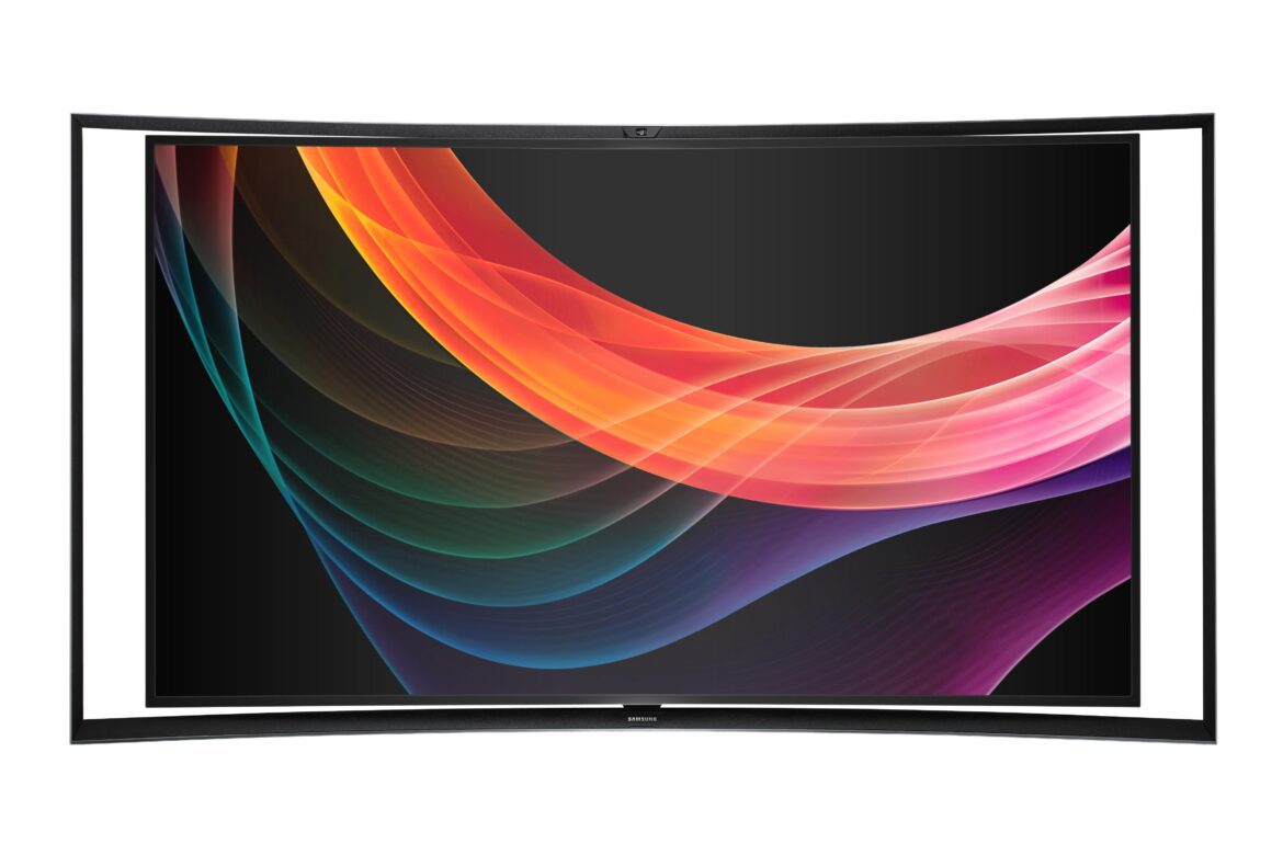 Zakřivený televizor Samsung s barevným abstraktním obrazem na bílém pozadí